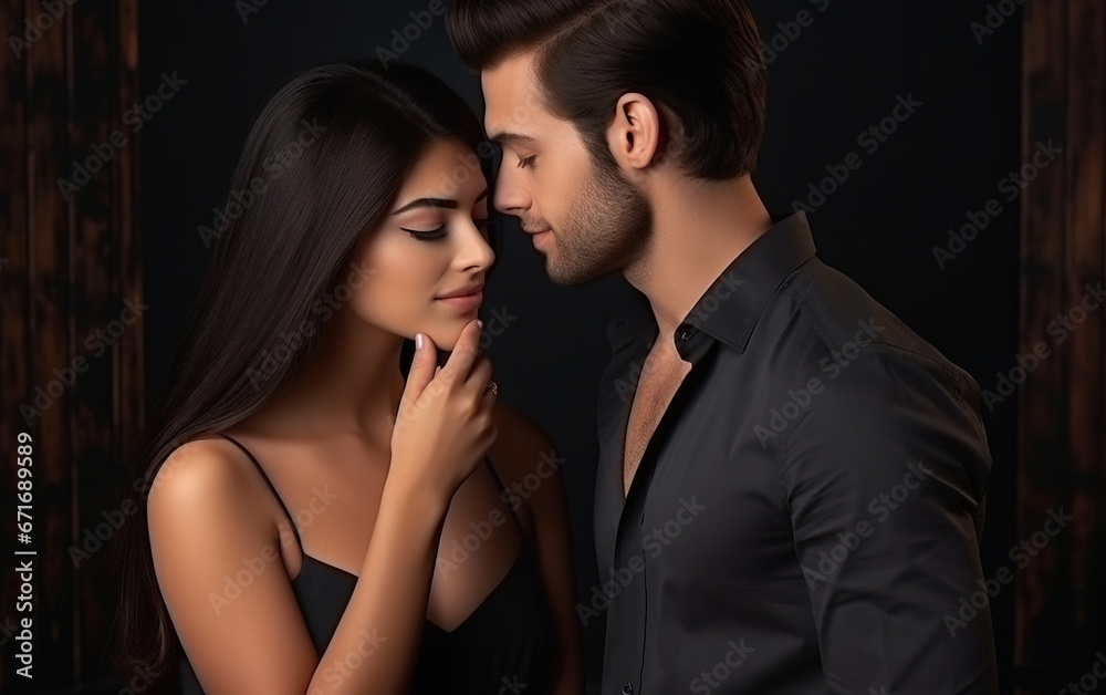 Young man whispering something beautiful on an ear of a beautiful girl she enjoys it.