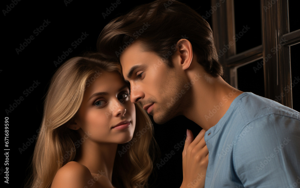 Young man whispering something beautiful on an ear of a beautiful girl she enjoys it.