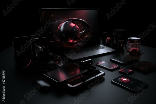 Dark background with devices - 3D rendering. Generative AI