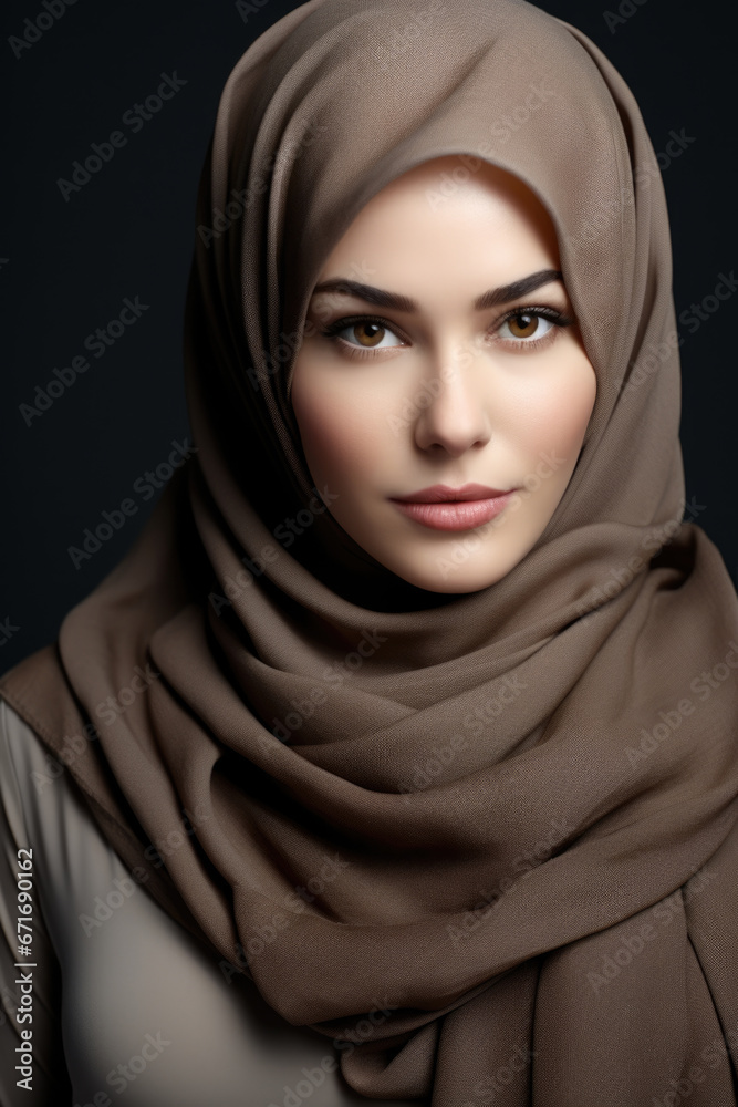 Portrait of a Muslim brown-eyed girl in a dark brown hijab, close-up. Portrait of a Muslim brown-eyed girl in a dark brown hijab, close-up.