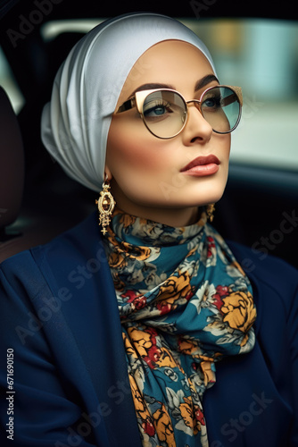 Glamorous portrait of a Muslim woman wearing glasses and blue clothes sitting in a car.
