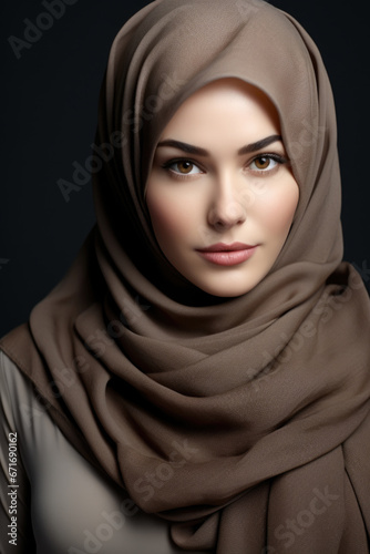 Portrait of a Muslim brown-eyed girl in a dark brown hijab, close-up.