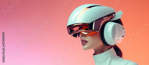 Portrait of a girl wearing a futuristic white helmet on a pink background with copy space.