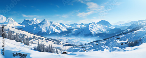 Panoramic view of a snowy mountain range. The mountains are covered in snow and the valley is surrounded by trees. The sky is a clear blue and there are a few clouds in the distance. © Rabbit_1990