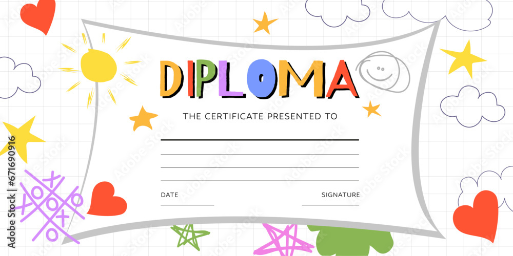 Diploma Template for Kids, Certificate background with Hand Drawn Colourful Drawing for school, Preschool or Nursery. Vector illustration.