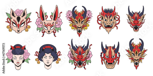 Japanese mask set, oriental okame icon, oni Japan dragon character face, vector anime fox design. Kabuki theater woman, asian doodle tattoo monster, cute Kitsune, ritual demon head. Japanese mask
