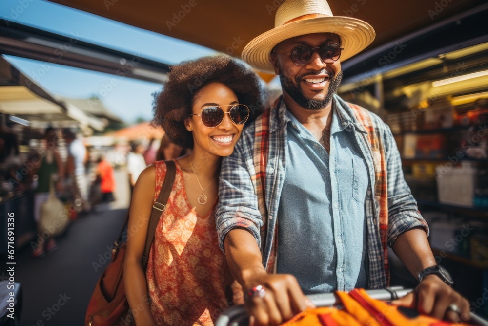 African-American partners traveling by vehicle, putting luggage and baggage