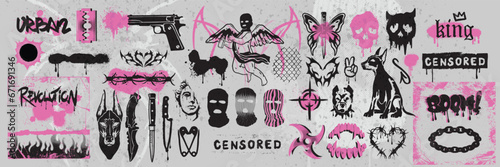 Street spray graffiti element set  grunge sticker kit balaclava  vector retro urban ghetto print. Gangster tattoo kit  underground can hip-hop sign  heart  doberman  balaclava  gun. Street graffiti