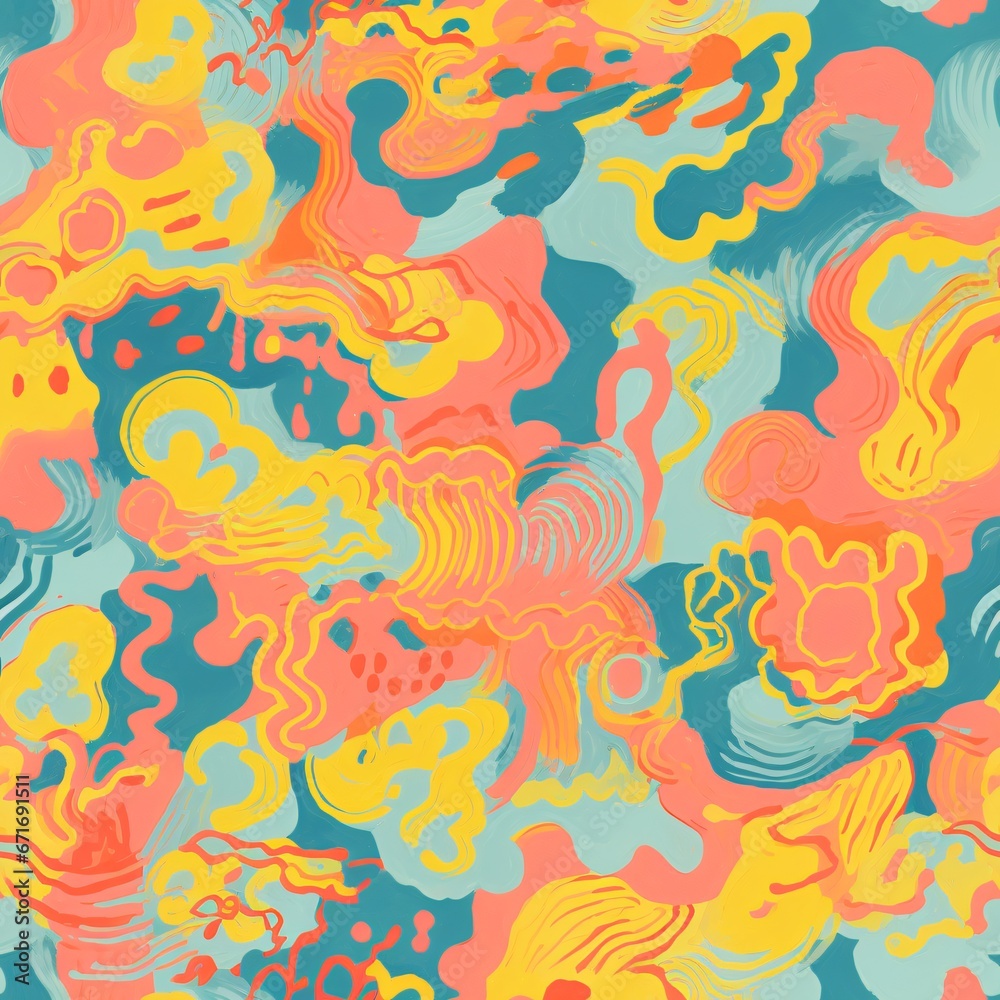 Dynamic abstract seamless pattern with orange and teal motifs. Energy and movement concept. Design for wallpaper, promotions, and fashion textiles