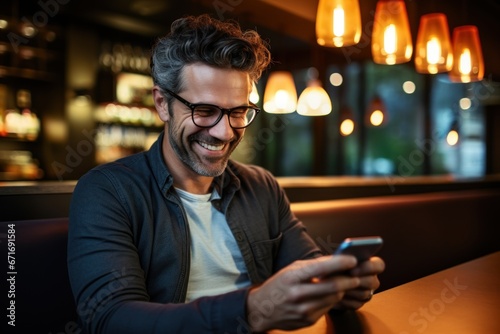Cheerful man smiling happily using smartphone to rest