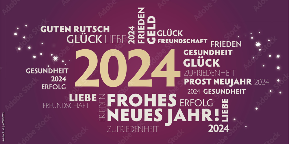 Neujahrsgrüße 2024 - weiße Schrift auf purpurfarbenem Hintergrund und goldener Jahreszahl - deutsch - obrazy, fototapety, plakaty 