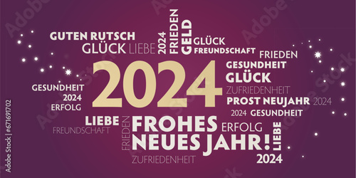 Neujahrsgrüße 2024 - weiße Schrift auf purpurfarbenem Hintergrund und goldener Jahreszahl - deutsch