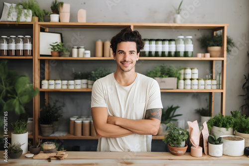 Shop assistant in an alternative medicine store with plants