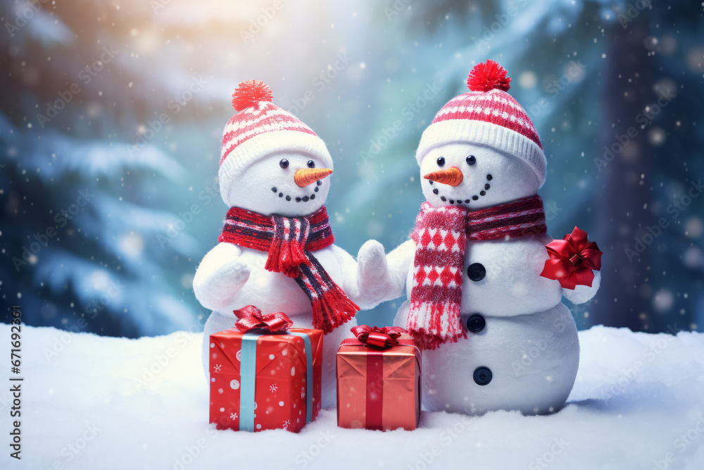 Cheerful snowmen exchange Christmas presents - with space for text
