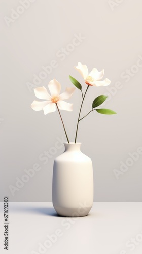 A white vase with three white flowers in it. Simple, minimal design.