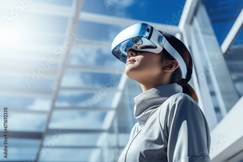 Concept futuristic design. Asian woman Architect or Engineer wearing VR headset for working design 3D © sirisakboakaew