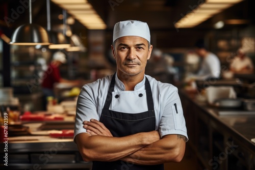 A confident sous chef stands in the restaurant's professional kitchen area with his arms crossed while looking trustingly at the camera. © sirisakboakaew