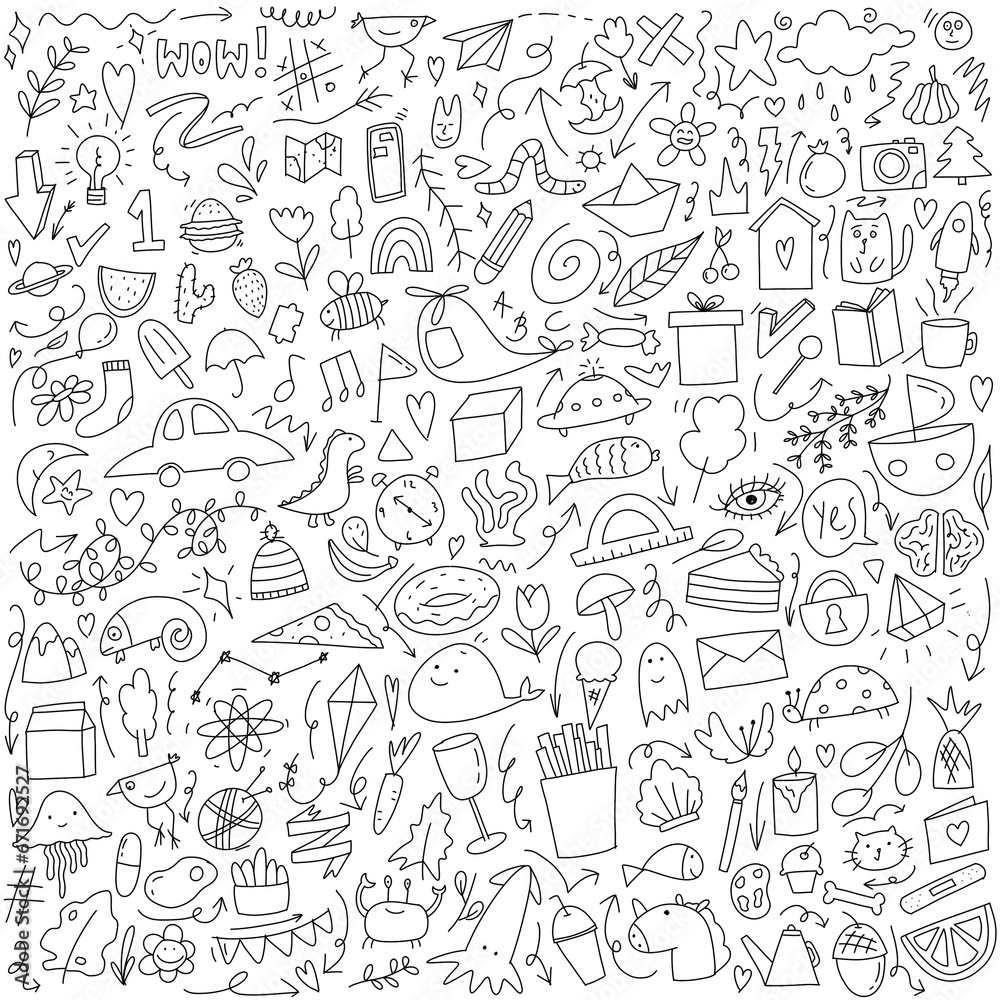 Cool doodle background with different elements. childish hand drawn wallpaper, Print and make a greeting card or wrapping paper for your needs