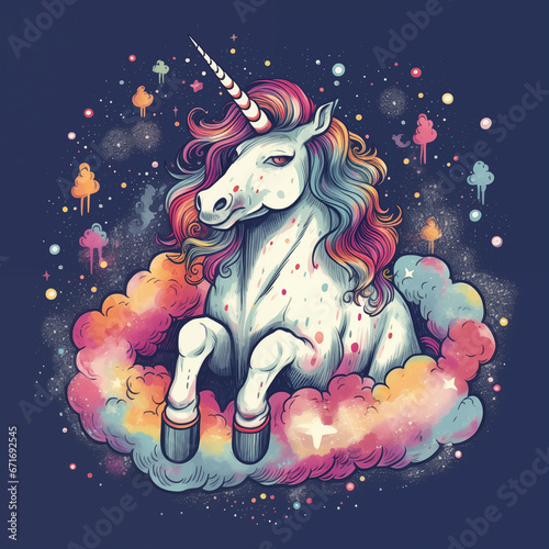 Painting of a unicorn horse sitting on fluffy clouds  solid background  joyful and heavy  cute. With Ai generated art.