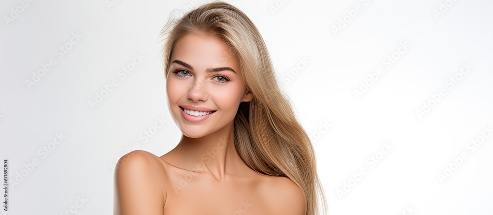 Attractive female with a joyful expression separated on a pure white backdrop Attractive female with a joyful expression separated on a pure white backdrop