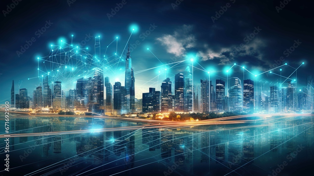  telecommunications city with network lines in the background, in the style of light gold and dark cyan, captivatingly atmospheric cityscapes, intel core, reflections and mirroring, grandiose landscap
