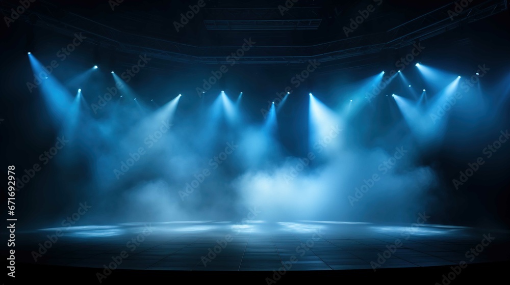  blue theatrical stage stage background with smoke and glowing spotlights, in the style of tokina at-x 11-16mm f/2.8 pro dx ii, haunting atmosphere, matte photo, reimagined by industrial light and mag - obrazy, fototapety, plakaty 