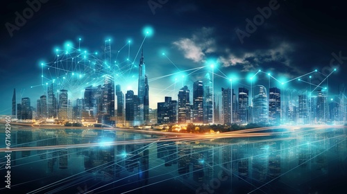  telecommunications city with network lines in the background  in the style of light gold and dark cyan  captivatingly atmospheric cityscapes  intel core  reflections and mirroring  grandiose landscap