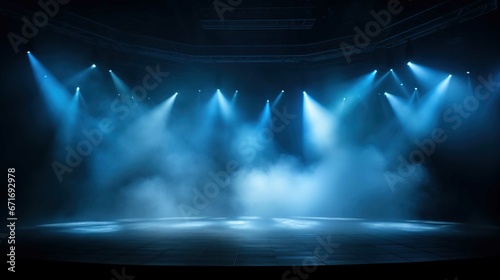  blue theatrical stage stage background with smoke and glowing spotlights, in the style of tokina at-x 11-16mm f/2.8 pro dx ii, haunting atmosphere, matte photo, reimagined by industrial light and mag photo