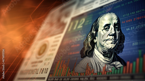 Closeup Benjamin Franklin face on USD banknote with stock market  photo