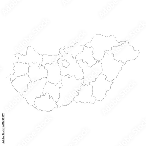Hungary map. Map of Hungary in administrative regions in white color