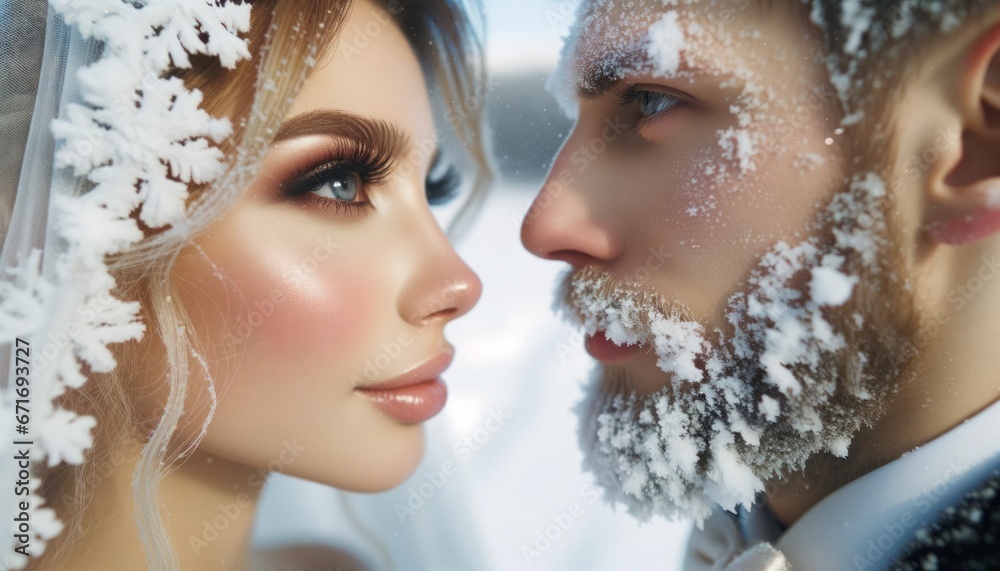 A winter bride with snow-kissed lashes and an embellished headpiece, adorned in a veil and scarf, receives a transformative makeover from her beloved groom