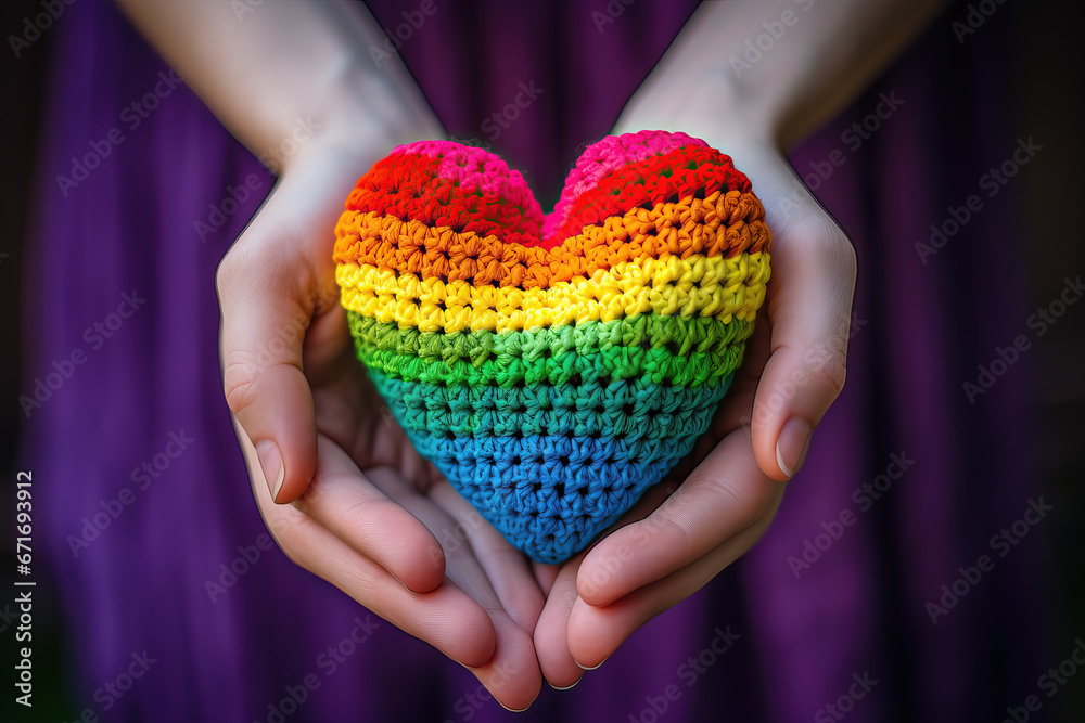closeup of hands holding knitted heart in the colors of a rainbow closeup of hands holding knitted heart in the colors of a rainbow