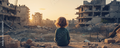 Lonely child standing in a destroyed city during the war. Concept of a humanitarian and demographic catastrophe. photo