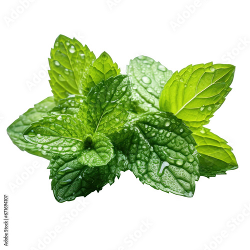 mint leaves with water drops, isolated