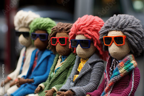 closeup of hipster crocheted puppets