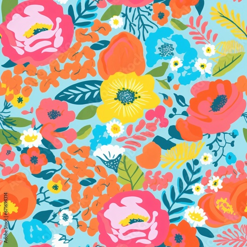 Bright floral explosion on a light blue canvas. Seamless pattern. Springtime and Easter celebrations. Perfect for children's wear, room decor, and stationery designs