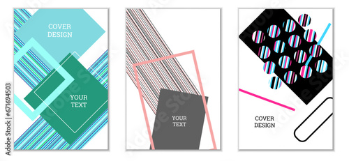 Geometric cover design, set of 3 covers. Abstract unusual background in Memphis style. Bright geometric shapes in random order