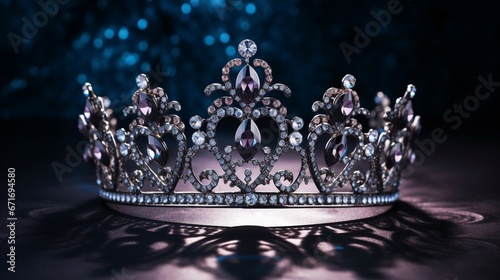 Diamond Silver Crown for Miss Pageant Beauty queen Contest, Crystal Tiara jewelry decorated gems stone and abstract dark background on black velvet fabric cloth, Macro photography copy space