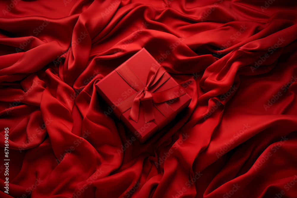 A radiant gift box amidst sumptuous folds, capturing the essence of romance and the joy of thoughtful giving. - obrazy, fototapety, plakaty 