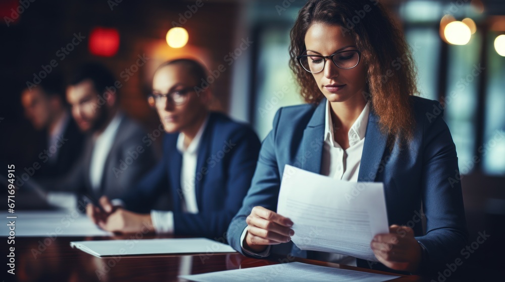 Fototapeta premium Female HR employee looking at cv resume to hire candidates, analyzing information before job interview