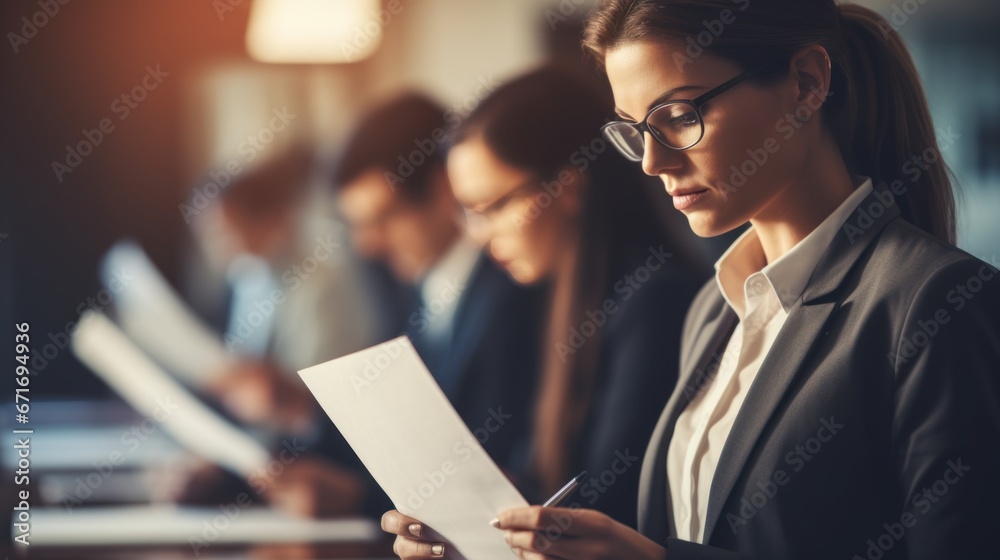 Fototapeta premium Female HR employee looking at cv resume to hire candidates, analyzing information before job interview
