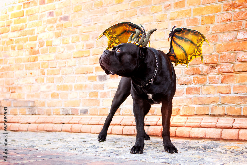 Black Cane Corso dog in a dragon costume with wings and horns on the background of a brick wall