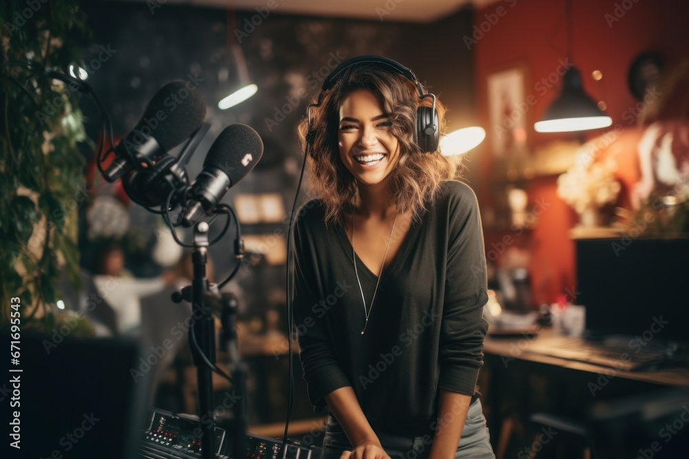 Influencer talking about professional video equipment in her studio set. - obrazy, fototapety, plakaty 