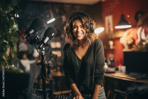 Influencer talking about professional video equipment in her studio set. photo