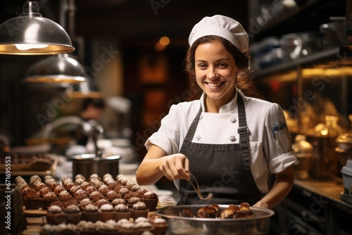 woman pastry chef wearing uniform holding a bowl preparing delicious sweets chocolates photo