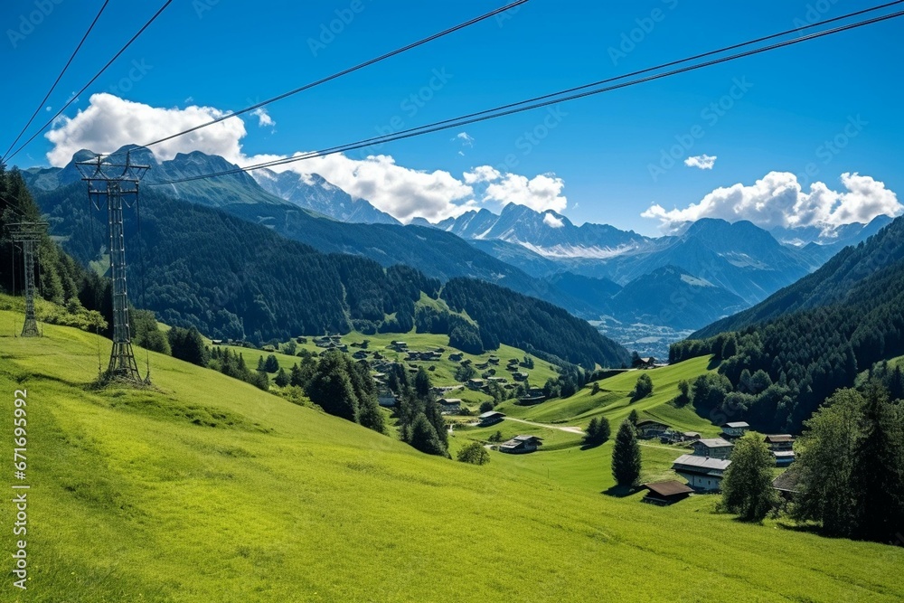 Scenic mountain vista with power lines in Stubachtal Valley, Uttendorf, Salzburg, Austria. Generative AI