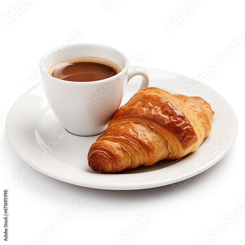 Croissant and cup of coffee breakfast on white background 