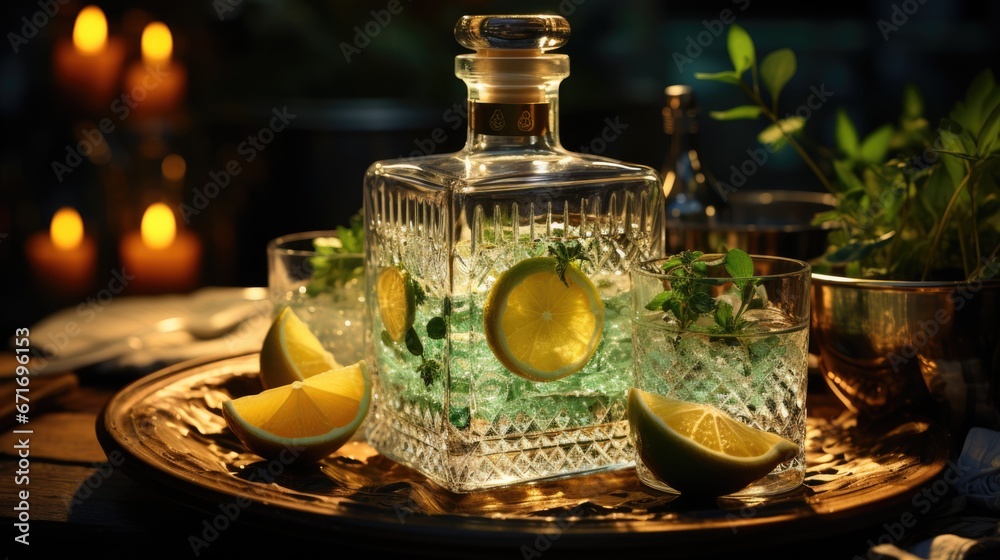 alcohol in a decanter, two glasses next to it, alcohol in a decanter, two glasses next to it,