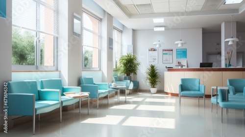 waiting area for patients with doctor appointments in modern healthcare clinic in private practice hopital. © sirisakboakaew