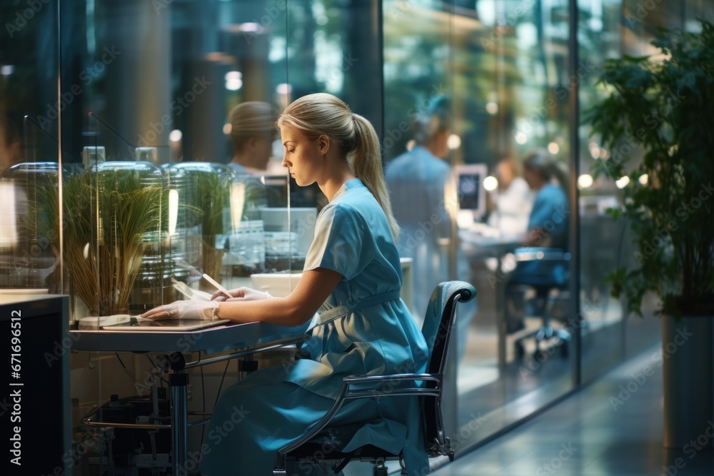 Nurse working on PC in modern private clinic with glass walls where patients